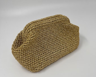 Handmade Gold Crochet Bag, Raffia Clutch Bag, Cloud Bag, Women’s Purse, gift for her, gold evening Bag for women, gold wedding bag