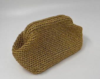 Handmade Gold Crochet Bag, Raffia Clutch Bag, Cloud Bag, Women’s Purse, gift for her, gold evening Bag for women, gold wedding bag