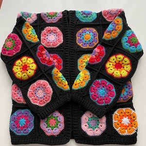 Handmade Black Crochet Cardigan, Black Rainbow Sweater Cardigan,Black Winter Cardigan, afghan crochet,Granny Square Cardigan