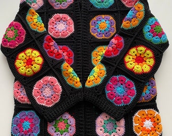 Handmade Black Crochet Cardigan, Black Rainbow Sweater Cardigan,Black Winter Cardigan, afghan crochet,Granny Square Cardigan