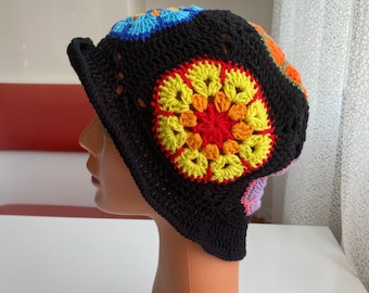 READY TO SHIP | Handmade Black Crochet Hat, Crochet Winter Beanie, Handmade Black Colorful Winter Hat,Gift For Her, Granny Square Winter Hat