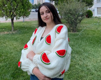 Sardis Design Watermelon Handmade & Unique Knit Cardigan,Modern Hand knitted Gift for Woman,3D Cardigan for her,Balloon Sleeve,Fruit Figures