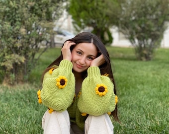 Sardis Design Sunflower Handmade & Unique Knit Cardigan,Modern Hand-knitted Gift for Woman,Floral Cardigan for her,Balloon Sleeve