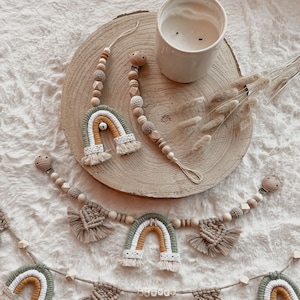 Makramee Babyrainbow Set, Wimpelkette, Kinderwagenkette, Schnullerkette