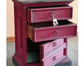 Comodino Vintage in Patina Antica Laccato Rosso Francia Mobile Ingresso per Camera da Letto Soggiorno Salotto Arredamento d'Antiquariato