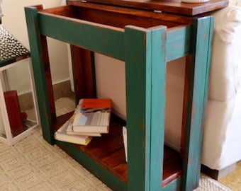 Mesa auxiliar de madera maciza con espacio de almacenamiento, mesa de centro, mesa de sofá, mesa baja, mesa de salón, nogal oscuro, verde, blanco