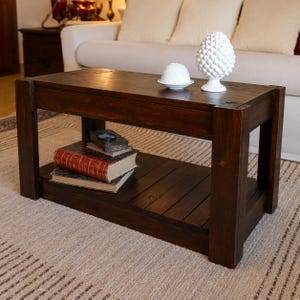 Pode incluir: Uma mesa de centro de madeira castanha escura com uma prateleira inferior com livros. A mesa tem formato retangular e é encimada por objetos decorativos brancos. A mesa está colocada sobre um tapete de cor clara.