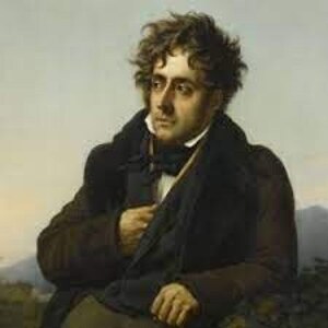 Pode incluir: Um retrato de um homem com cabelo escuro e encaracolado, vestindo um casaco marrom escuro com colarinho branco e gravata borboleta escura. Ele está olhando para a esquerda da pintura.