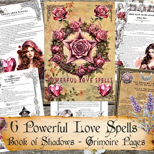 Op de afbeelding: Zes bedrukbare pagina's met liefdes spreuken met illustraties van rozen, een wassende maan, een zwarte kat en een kelk. De pagina's zijn getiteld "Venus Love Ritual", "The Moonstone Passion Spell", "Come Back to Me Crying Spell No.1", "The Bond of Love" en "Powerful Love Spells".