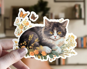 Cute Vinyl Cat Sticker | Water Resistant | Cat Laying In Flowers Sticker | Butterflies | Black Cat Sticker | Orange Cat | White Sticker