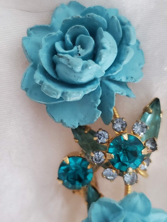 Vintage 1950s Turquoise Blue 2 Rose and AB Crysta… - image 2