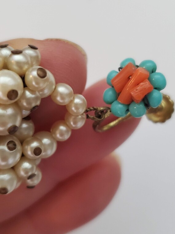 Miriam Haskell Pearl, Coral, Turquoise Drop Earri… - image 8