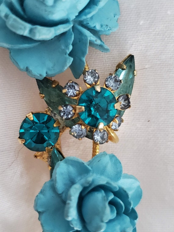 Vintage 1950s Turquoise Blue 2 Rose and AB Crysta… - image 4