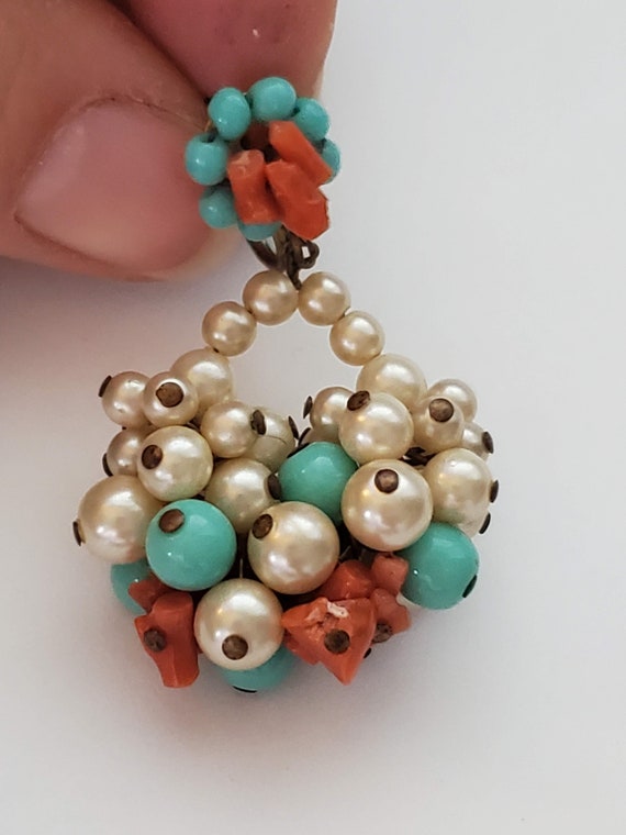 Miriam Haskell Pearl, Coral, Turquoise Drop Earri… - image 9