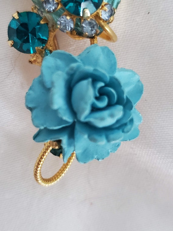 Vintage 1950s Turquoise Blue 2 Rose and AB Crysta… - image 5