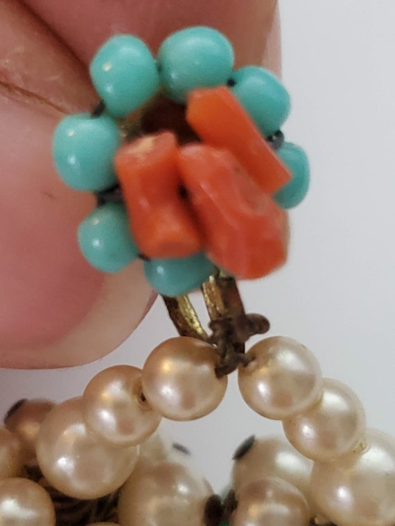 Miriam Haskell Pearl, Coral, Turquoise Drop Earri… - image 10