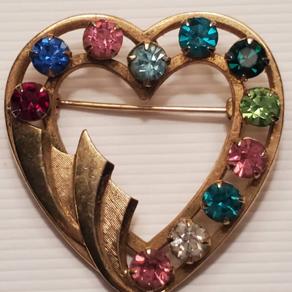 Vintage 1950s Signed Catamore Multicolor Rhinestone Crystal and 12K Gold Filled Heart Pin