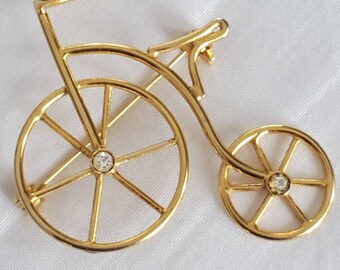 Vintage 1980s Bicycle Goldtone with Clear Rhinestone Pin/Brooch