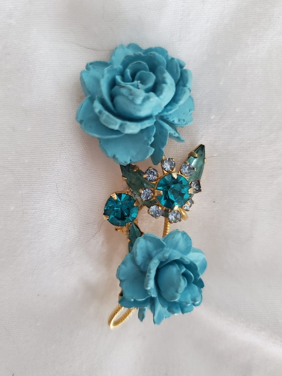 Vintage 1950s Turquoise Blue 2 Rose and AB Crysta… - image 1