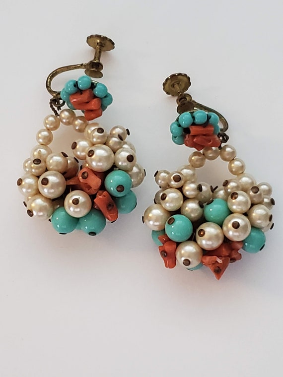 Miriam Haskell Pearl, Coral, Turquoise Drop Earri… - image 1