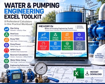Kit de herramientas Excel para ingeniería de agua y bombeo / Dimensionamiento de tuberías, pérdida de carga, TDH de la bomba, NPSH, calculadoras hidráulicas
