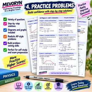 Pode incluir: Uma pilha de folhas de exerc&iacute;cios de f&iacute;sica AP 1 com diagramas, gr&aacute;ficos e solu&ccedil;&otilde;es passo a passo, com a marca Mevoryn, ao lado de uma caneta prateada gravada com Think Learn Improve e dois livros empilhados nas cores azul e verde.
