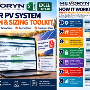以下が含まれることがあります： Mevoryn太陽光発電システム設計・サイジングツールキット。ExcelテンプレートとPDFユーザーガイドが含まれています。デジタルインターフェースには、プロジェクト設定、負荷入力、太陽光資源、バッテリー自律性、システムサイジング、機器チェックのワークフローが表示されています。