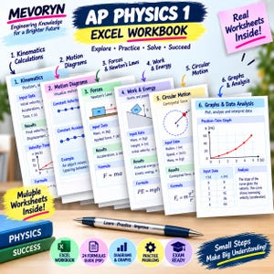 Pode incluir: Um livro de exerc&iacute;cios Excel de AP Physics 1 com seis folhas de trabalho codificadas por cores sobre cinem&aacute;tica, diagramas de movimento, for&ccedil;as, trabalho e energia, movimento circular e gr&aacute;ficos. Uma caneta prateada est&aacute; &agrave; frente.