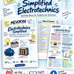 May include: A 46-page PDF eBook titled Mevoryn Electrotechnics Simplified, an illustrated guide for students and technicians. The cover features diagrams of a light bulb, battery, resistor, and motor, with text explaining basic electrical concepts.