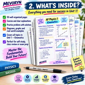 Pode incluir: Um guia de estudo em espiral de AP Physics 1 Kinematics com 50 p&aacute;ginas de diagramas, gr&aacute;ficos e problemas pr&aacute;ticos. A capa apresenta equa&ccedil;&otilde;es e defini&ccedil;&otilde;es de f&iacute;sica. Uma caneta prateada com o texto Think Learn Improve est&aacute; &agrave; frente.