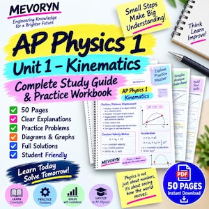 以下が含まれることがあります： Mevorynによる50ページのAP物理学1ユニット1運動学の学習ガイドおよび練習帳。表紙には太字のテキスト、やる気を起こさせるフレーズが書かれたカラフルな付箋、物理の方程式、グラフ、図が示されたサンプルページが含まれています。