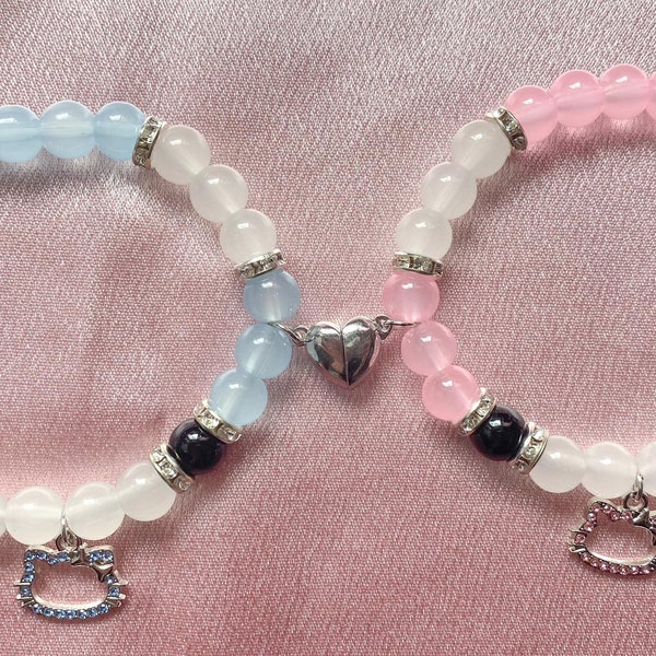 Hello Kitty Matching bracelets with heart magnet I Blue I Pink I Couple Gift Set I Pearl Bracelet Set I Character Bracelets I Customizable