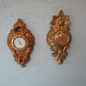Vintage deutsche Kaiser Wanduhr und schwedisches Thermometer, Wanduhr, Kartelluhr, mechanische Uhr, Miniatur Kaiser Bronze Uhr