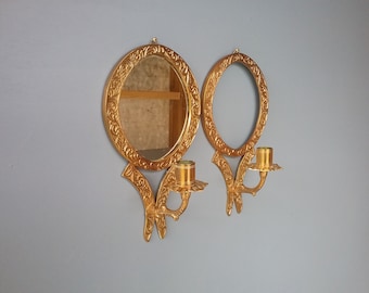 Vintage Swedish Brass Wall Candlesticks with Mirror, Handmade Pair