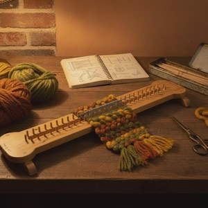 Può includere: Un telaio in legno con due file di pioli verticali, che presenta un tessuto parzialmente lavorato con filato giallo senape, verde oliva e arancione bruciato. Vicino ci sono gomitoli di lana, un taccuino con diagrammi, una scatola e forbici.