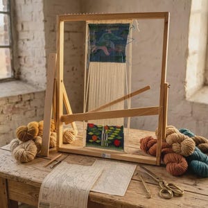 Peut inclure: Un métier à tisser en bois avec une tapisserie partiellement tissée présentant un motif bleu et vert. L'ensemble comprend une navette en bois, plusieurs écheveaux de laine beige, marron et bleu canard, deux modèles imprimés et des ciseaux.