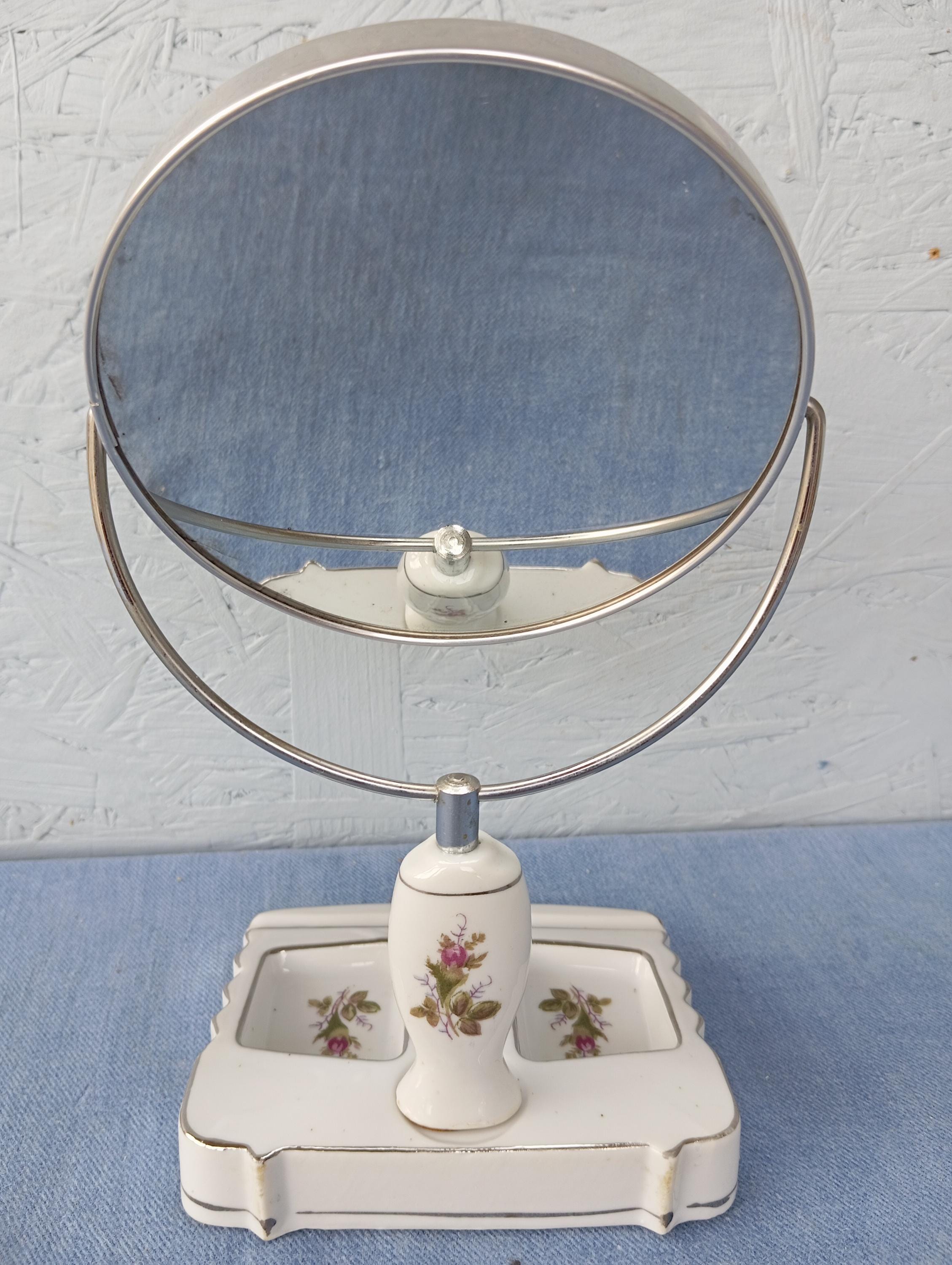 Miroir de table vintage floral avec base en porcelaine : décor de vanité double face - France