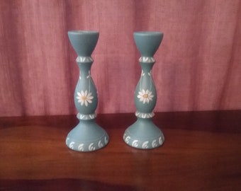 Blue Swedish Wooden Candlesticks / Hand painted in vintage style