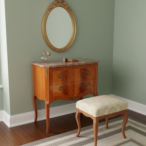 Cómoda barroca vintage con tapa de mármol: tiradores de bronce, mesita de noche.