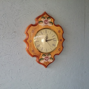 Vintage wooden clock with opening glass convex cover, wall clock with Hermle quartz movement, wooden carved clock, decorative clock