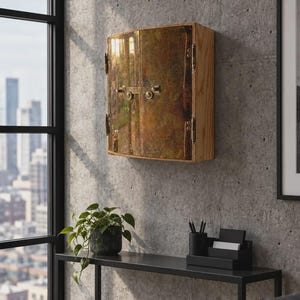 May include: A wall-mounted cabinet featuring a light-colored wooden frame and two doors covered in polished, reflective brass plates. The doors are secured with brass hinges and a central horizontal latch mechanism, creating a metallic, reflective surface.