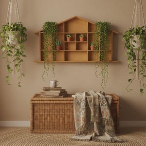 Vintage Swedish Wooden House Shelf, Wall Hanging Display