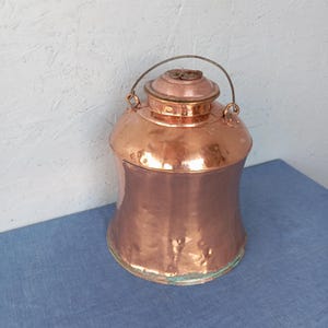 Antique large Scandinavian copper container with lid and handle in wrought iron, 9.8 liter capacity, copper cankage, handmade, home decor