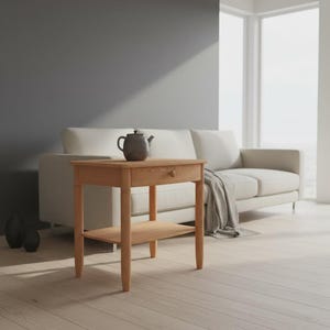 May include: A light-colored wooden side table with a single drawer and a lower shelf. A dark gray teapot sits on top. The table is in front of a white sofa and a dark gray wall. The table measures approximately 24 inches in height.