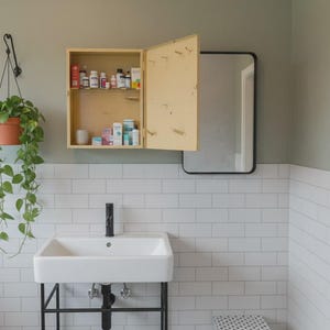 May include: A bathroom scene featuring a white sink with black fixtures, a wooden medicine cabinet with the door open, and a black-framed mirror. A hanging potted plant adds a touch of greenery. The walls are white tile and light green.