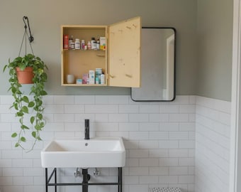 May include: A bathroom scene featuring a white sink with black fixtures, a wooden medicine cabinet with the door open, and a black-framed mirror. A hanging potted plant adds a touch of greenery. The walls are white tile and light green.