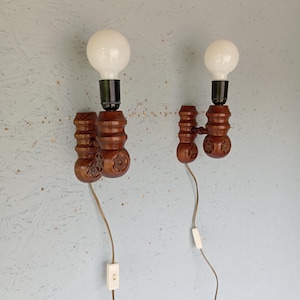 Vintage Scandinavian Wood Wall Sconces: Carved Pine Lighting Pair