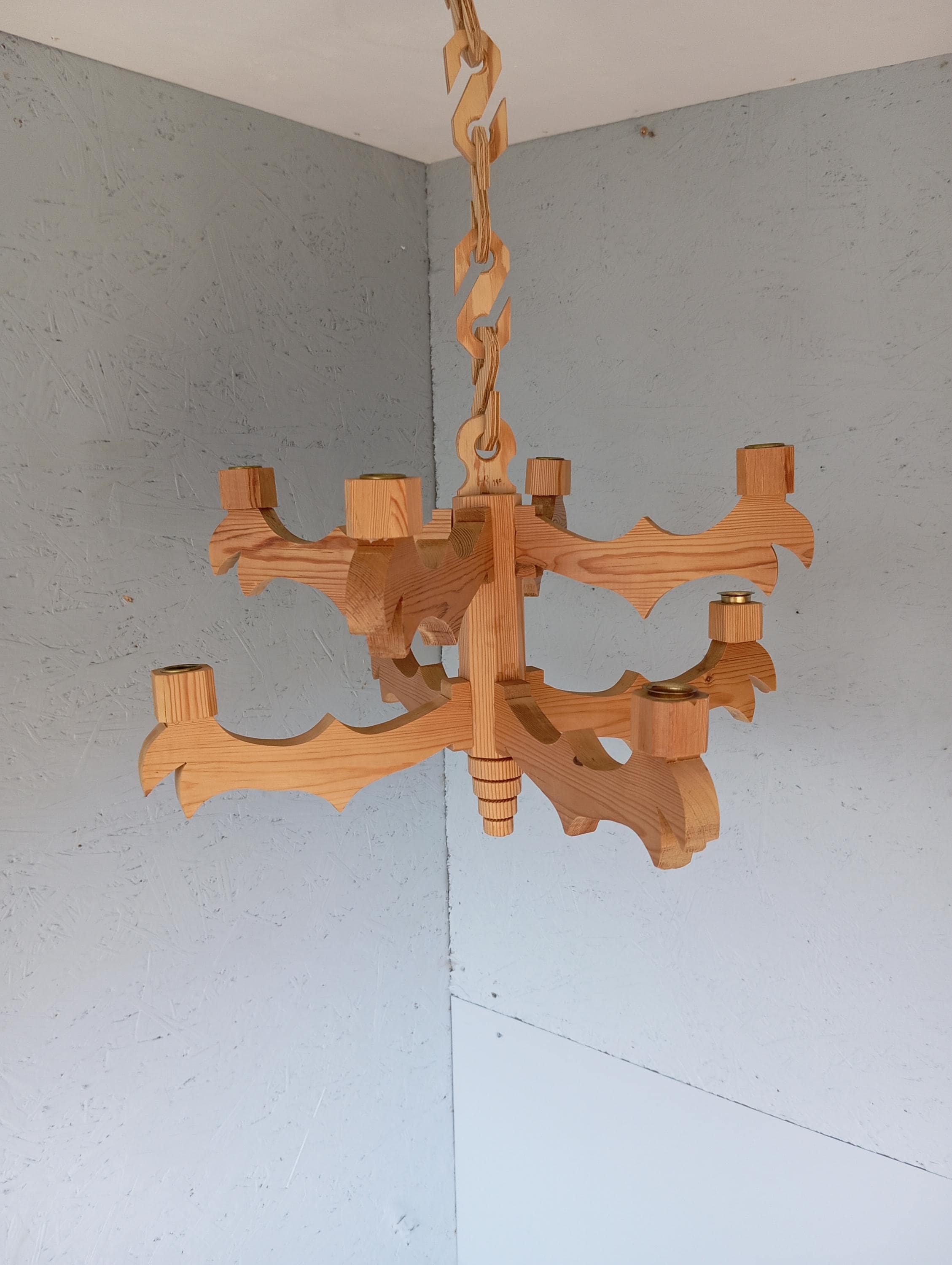 Vintage wooden eight-arm candle chandelier, Scandinavian candelabrum hanging, handmade candelabrum, rustic decor, housewarming gift