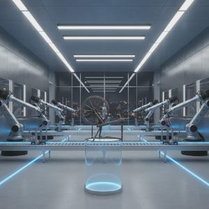 May include: A wooden spinning wheel sits atop a clear cylindrical pedestal in the center of a modern industrial facility. Multiple white robotic arms are positioned along parallel conveyor belts on either side of the central display area.