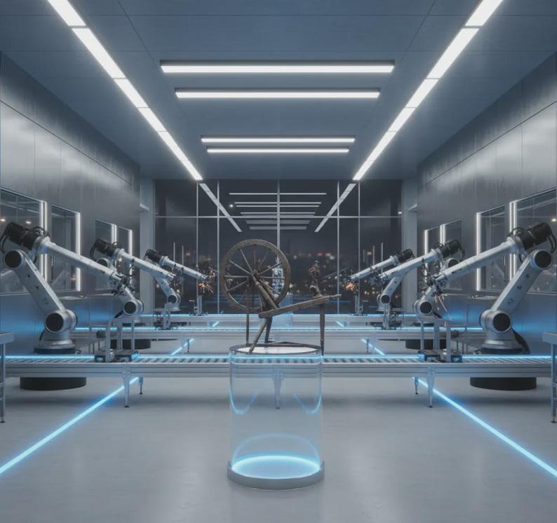 May include: A wooden spinning wheel sits atop a clear cylindrical pedestal in the center of a modern industrial facility. Multiple white robotic arms are positioned along parallel conveyor belts on either side of the central display area.